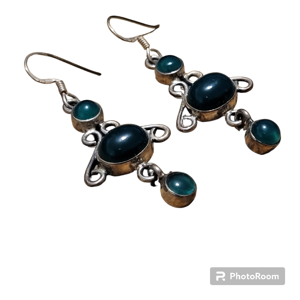 Vintage silver plated dark green aventurine stone dangle earrings - Picture 3 of 5